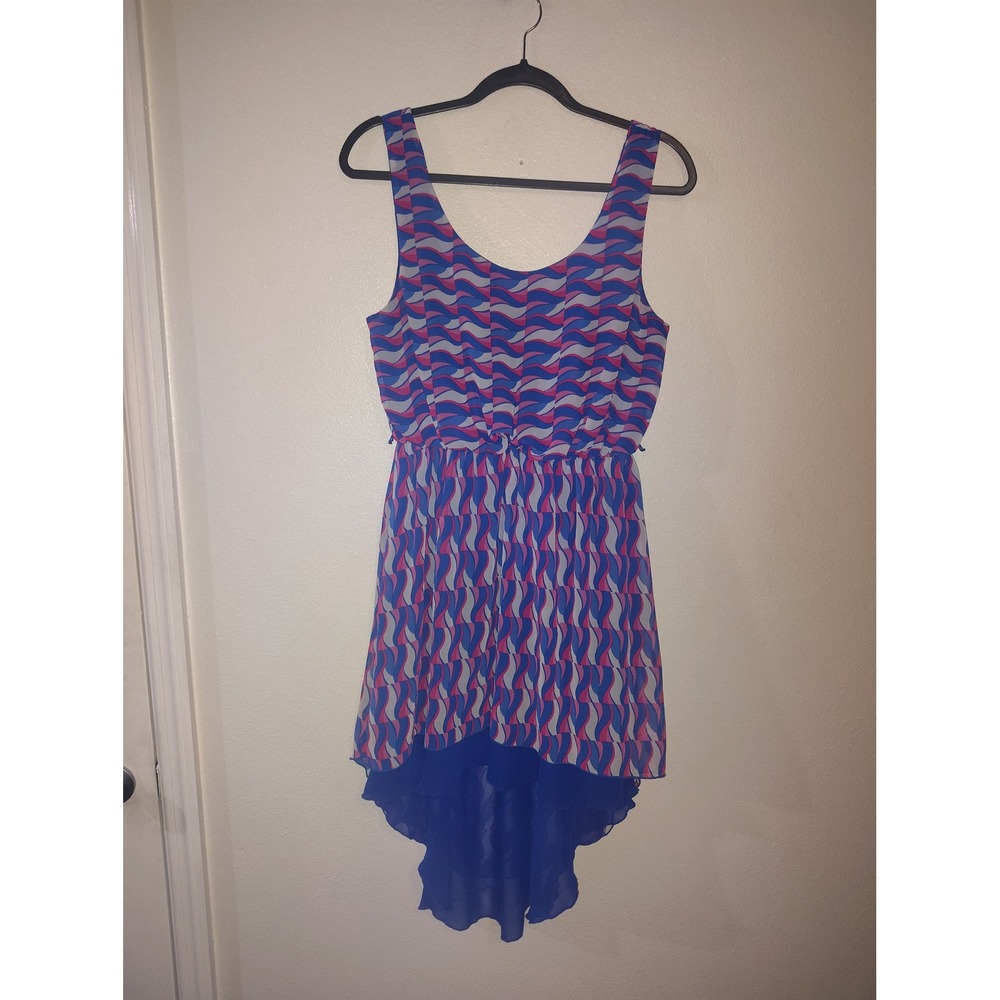 City Triangles Blue Pink Geometric Wave High Low Sleeveless Dress Womens Large